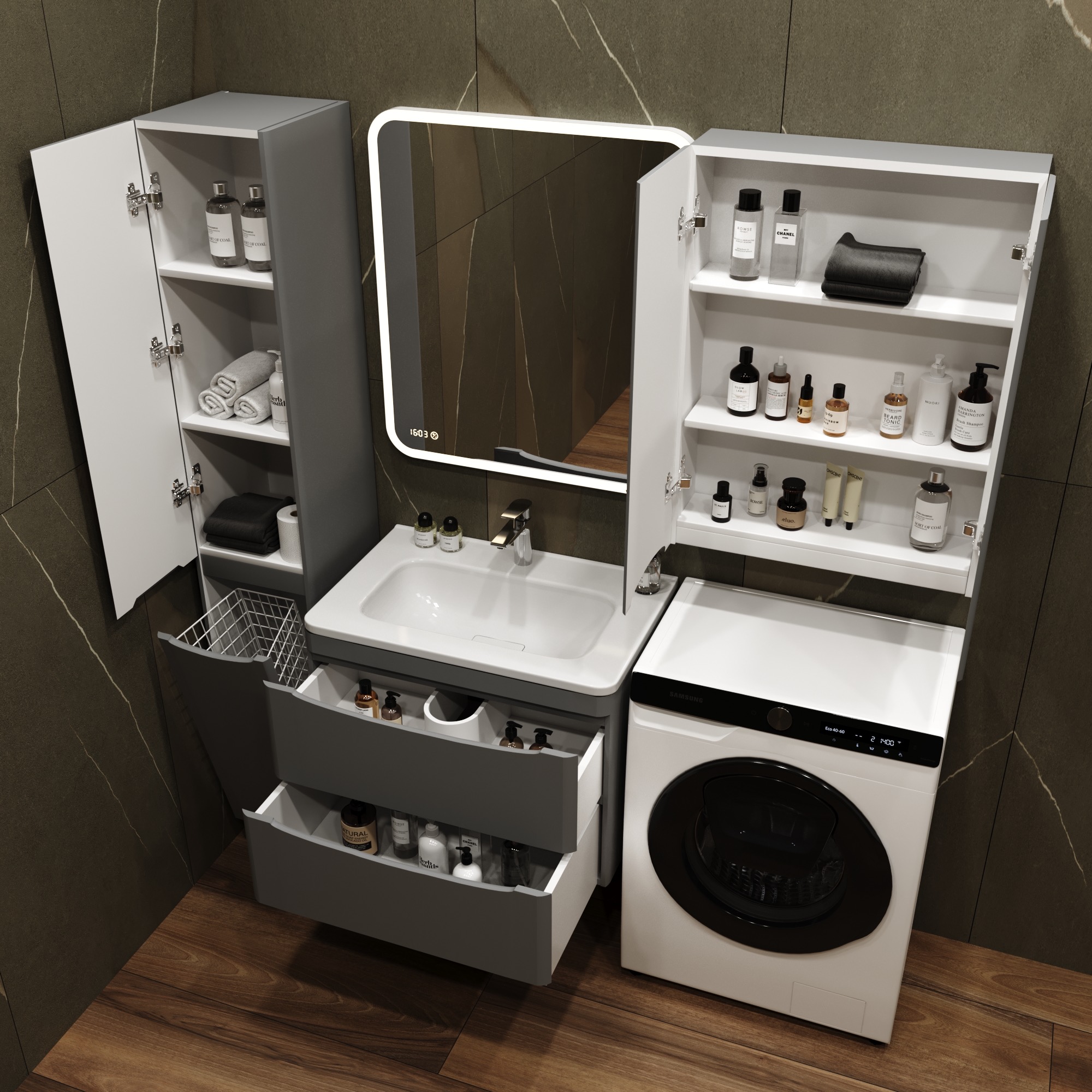 Тумба с раковиной Style Line Бергамо мини 70 2 ящика Люкс антискрейтч серая, Plus подвесная