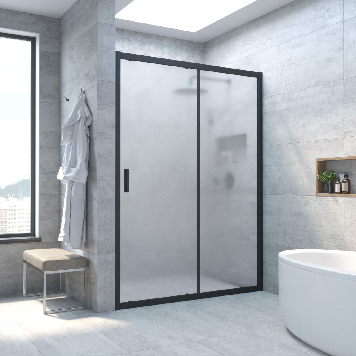 Душевая дверь в нишу Vegas Glass ZP NOVO 170 02М 10, профиль черный матовый, стекло сатин