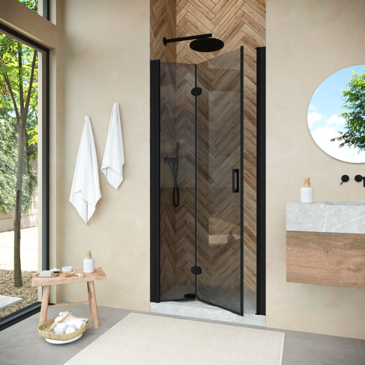 Душевая дверь в нишу Vegas Glass GPS NOVO 75 02М 07 L профиль черный матовый, стекло графит