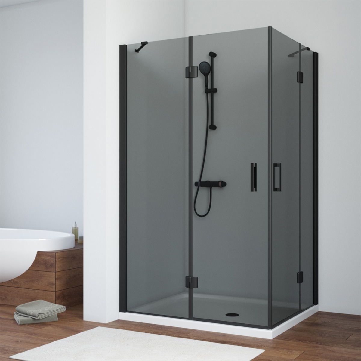 Душевой уголок Vegas Glass AFA-F NOVO 120*110 02М 07 L, профиль черный матовый, стекло графит