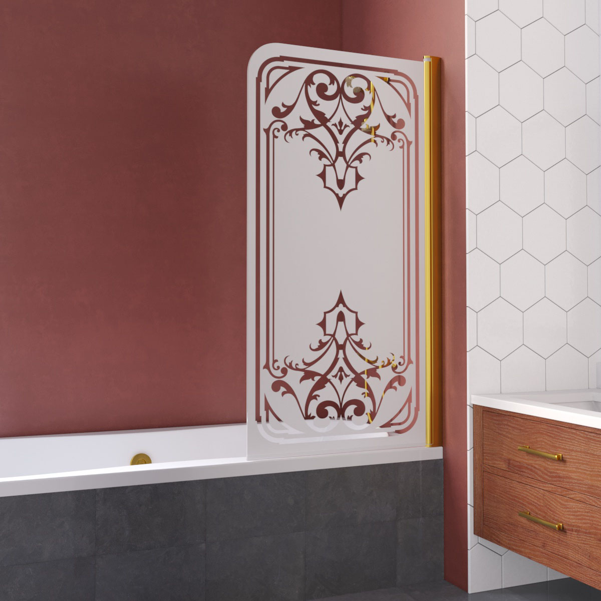 Шторка на ванну Vegas Glass EV LUX 75 09 ARTDECO D1 R, профиль золото глянцевое, стекло с декором