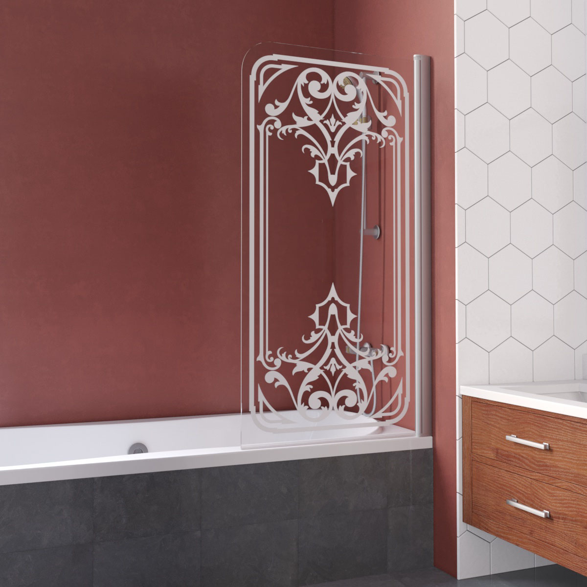 Шторка на ванну Vegas Glass EV LUX 75 07 ARTDECO D2 R, профиль матовый хром, стекло с декором