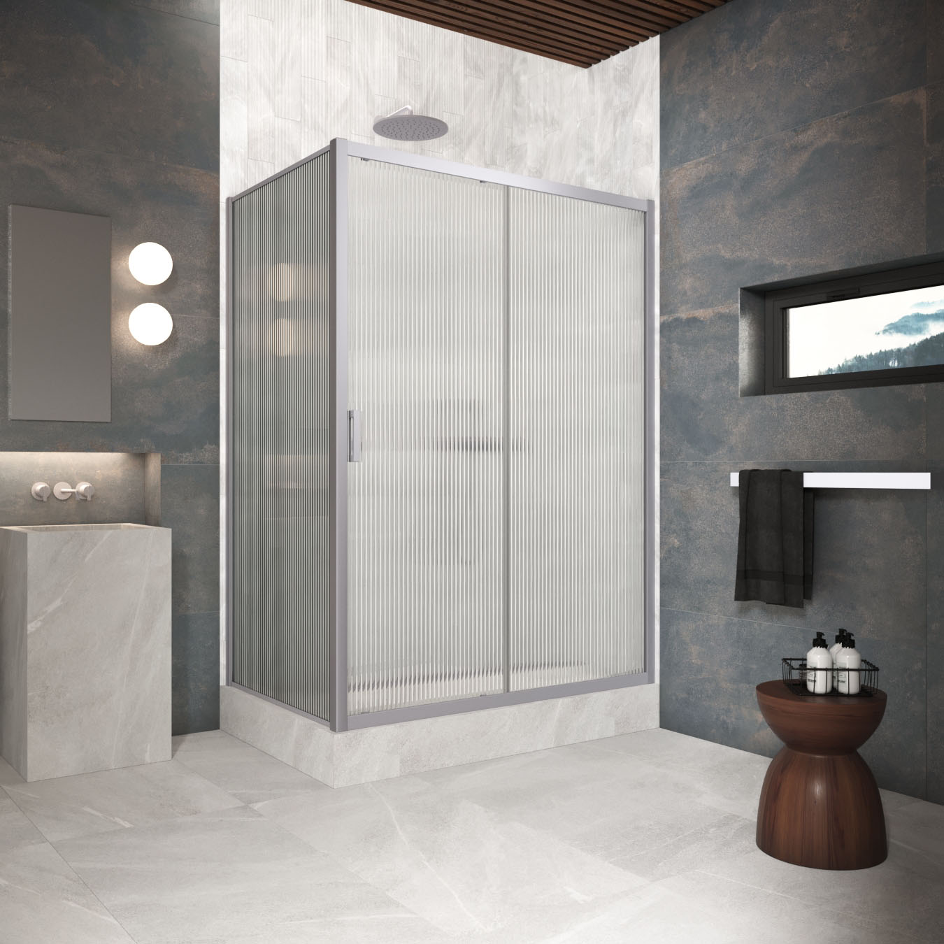 Душевой уголок Vegas Glass ZP+ZPV Protec 180*80 07 Moru, профиль матовый хром, стекло Moru