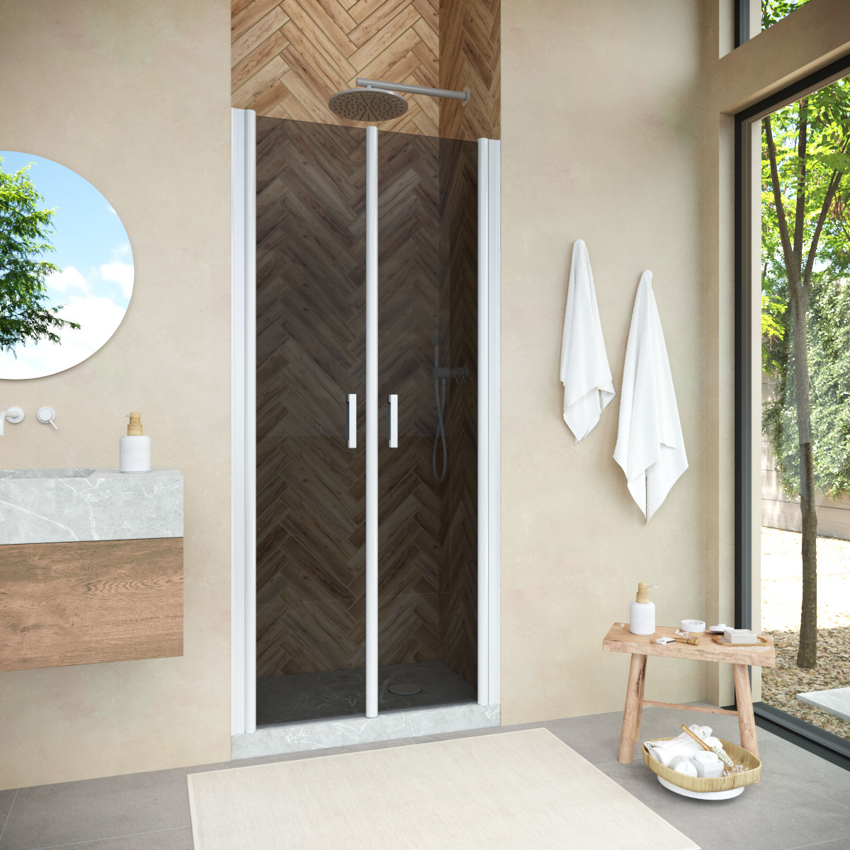 Душевая дверь в нишу Vegas Glass Е2Р NOVO h2000 75 01 07, профиль белый, стекло графит