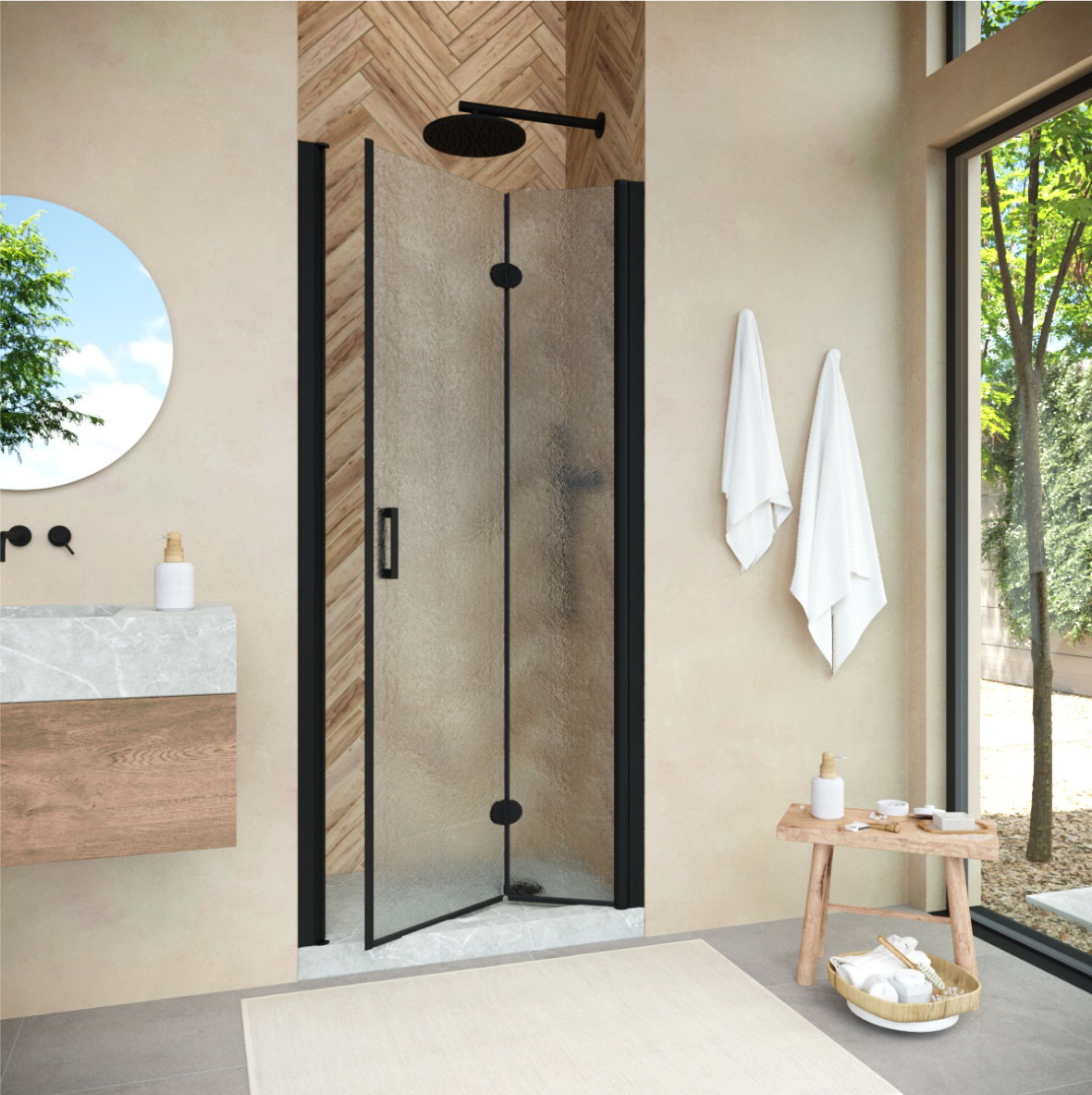 Душевая дверь в нишу Vegas Glass GPS NOVO 90 02М 02 R, профиль черный матовый, стекло шиншилла