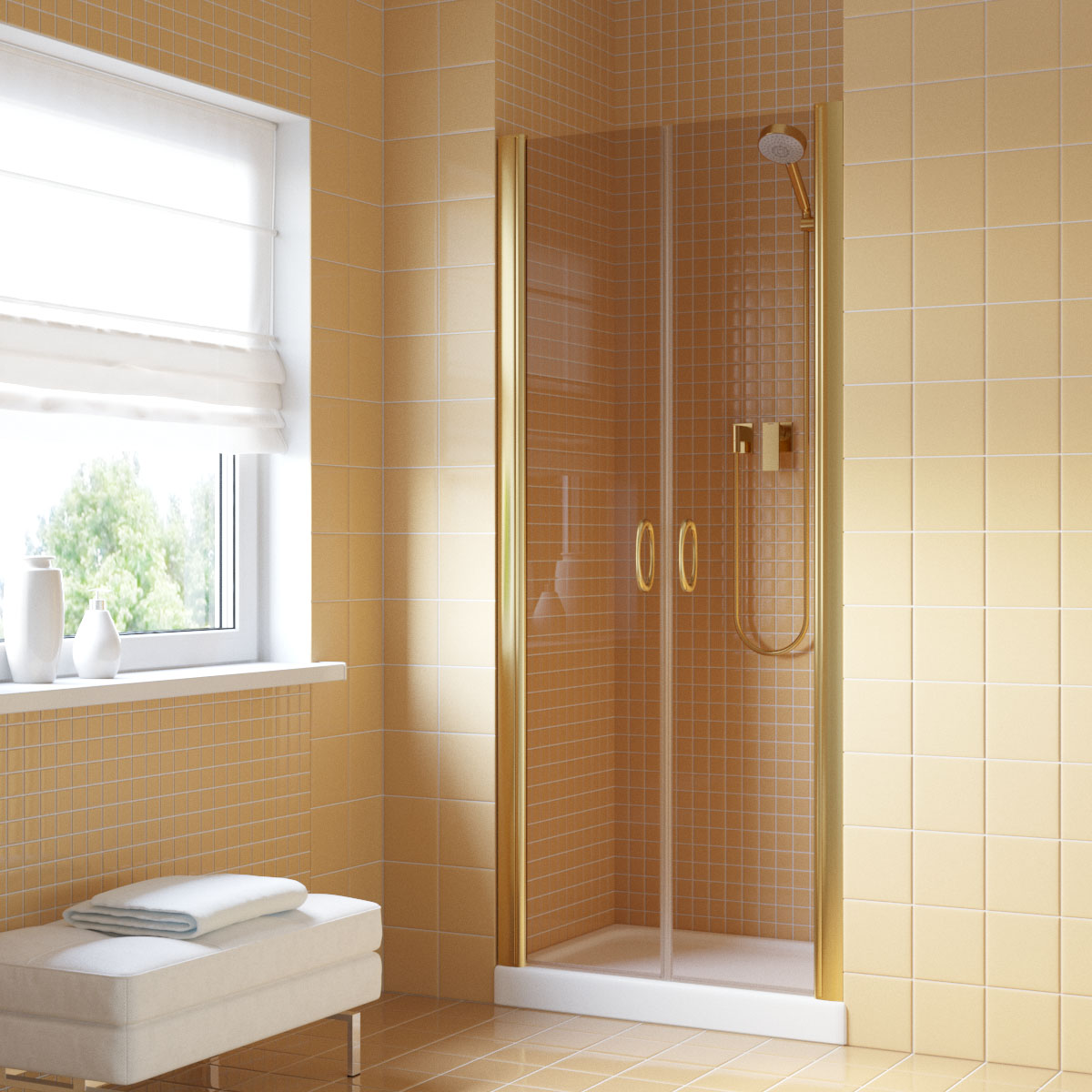 Душевая дверь в нишу Vegas Glass  E2P LUX 120 09 05, профиль золото глянцевое, стекло бронза