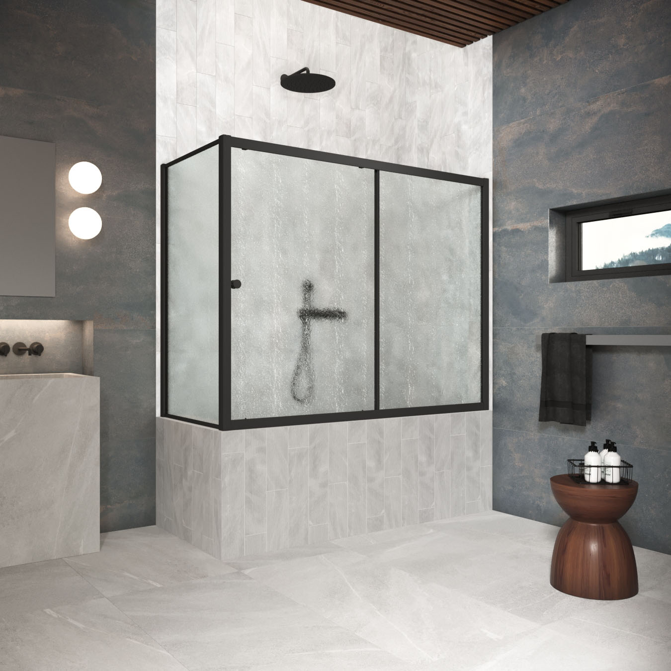 Шторка на ванну Vegas Glass  ZV+ZVF Protec 190*80 02М 02, профиль черный матовый, стекло шиншилла