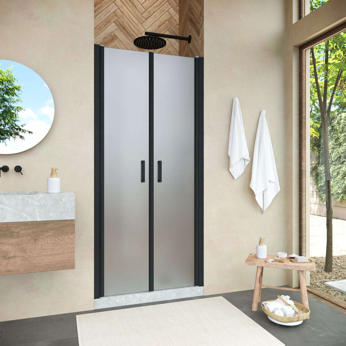 Душевая дверь в нишу Vegas Glass Е2Р NOVO h2000 95 02М 10, профиль черный матовый, стекло сатин