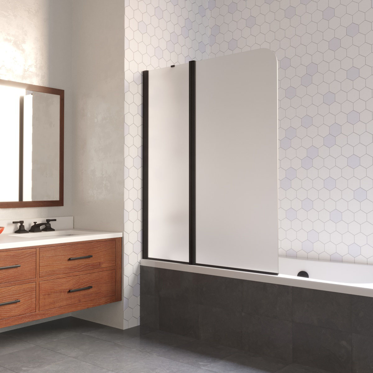 Шторка на ванну Vegas Glass E2V LUX ST 115 02М 10 L, профиль черный матовый, стекло сатин