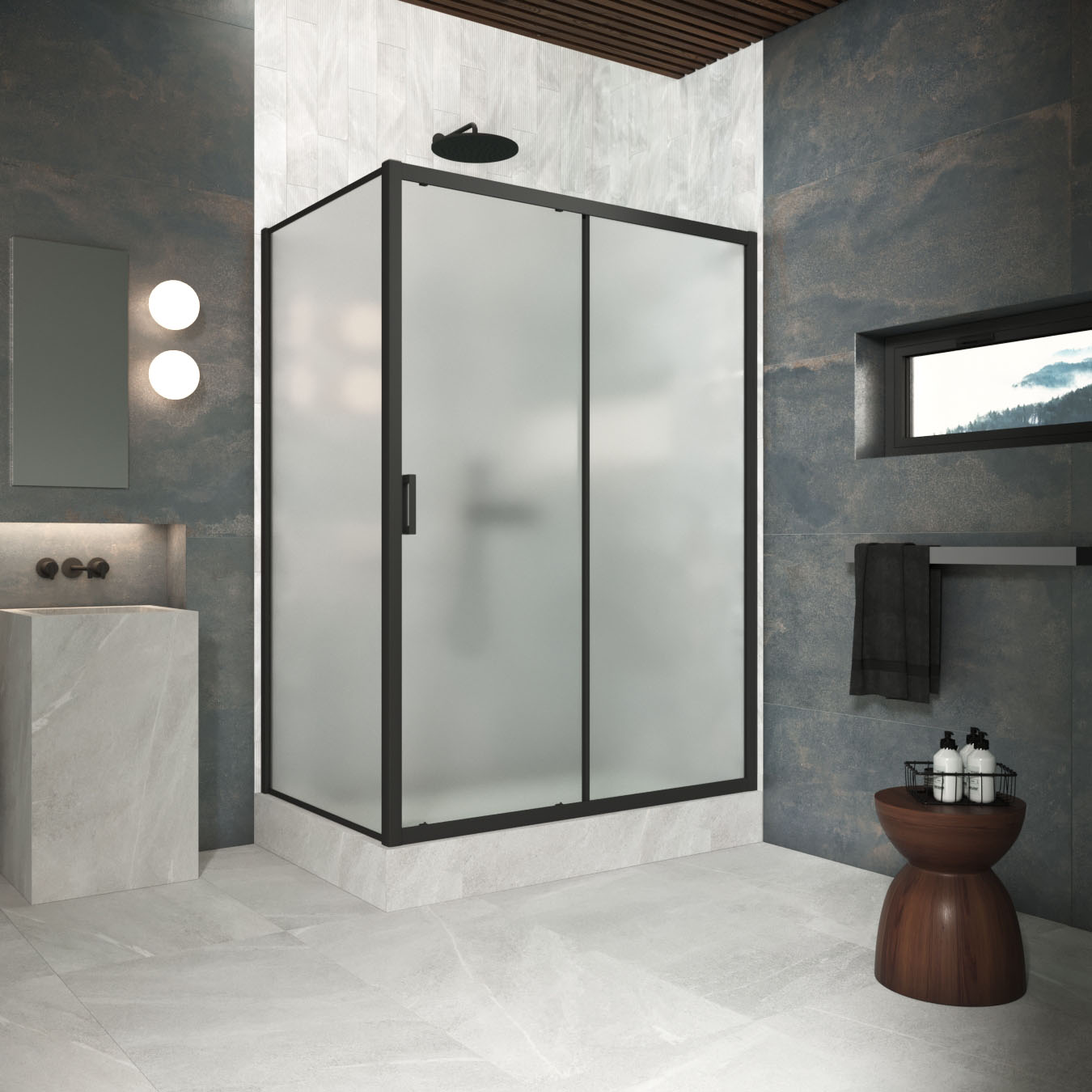 Душевой уголок Vegas Glass ZP+ZPV Protec h1900 105*95 02М 10, профиль черный матовый, стекло сатин