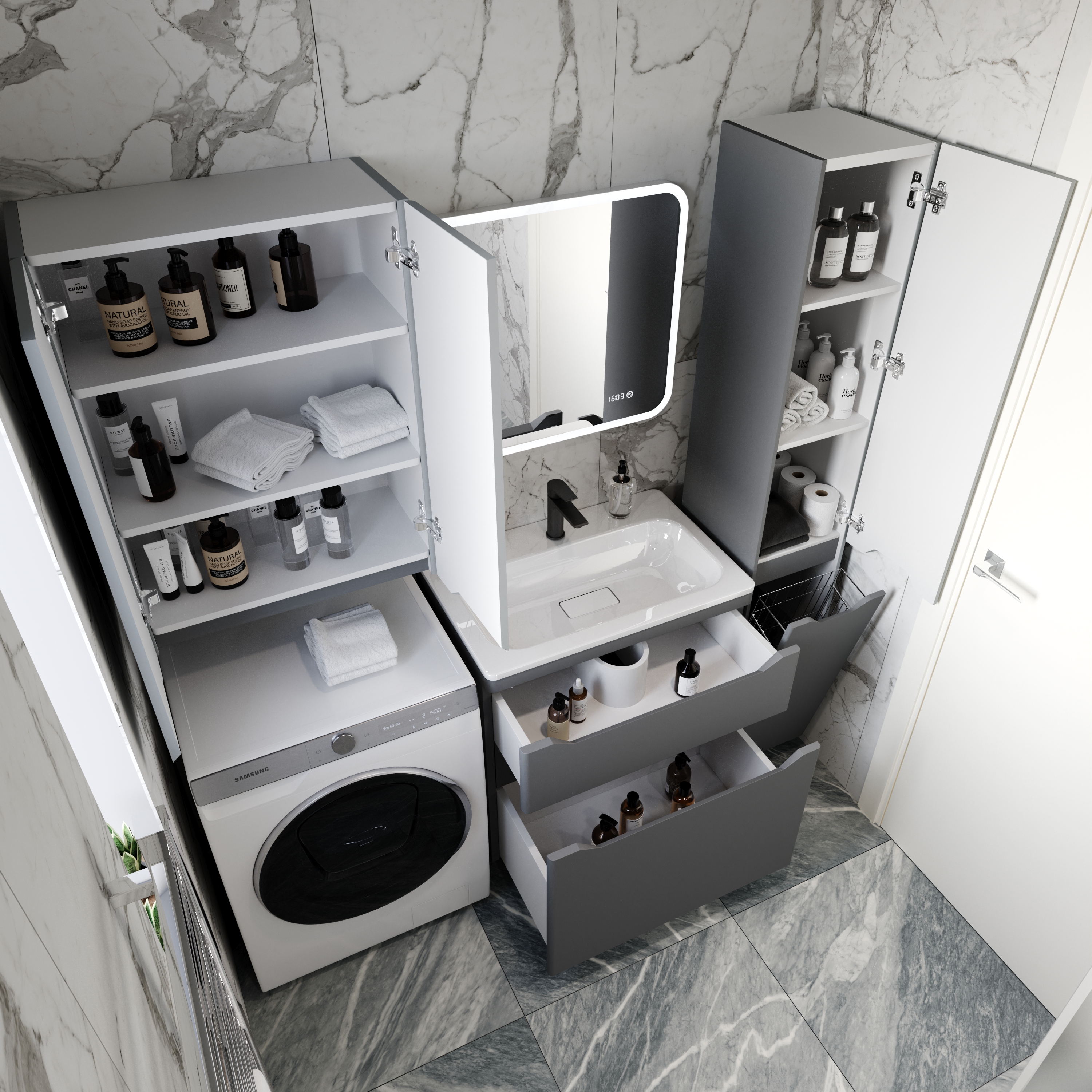 Тумба с раковиной Style Line Марелла 70 2 ящика Люкс антискрейтч серая, Plus напольная