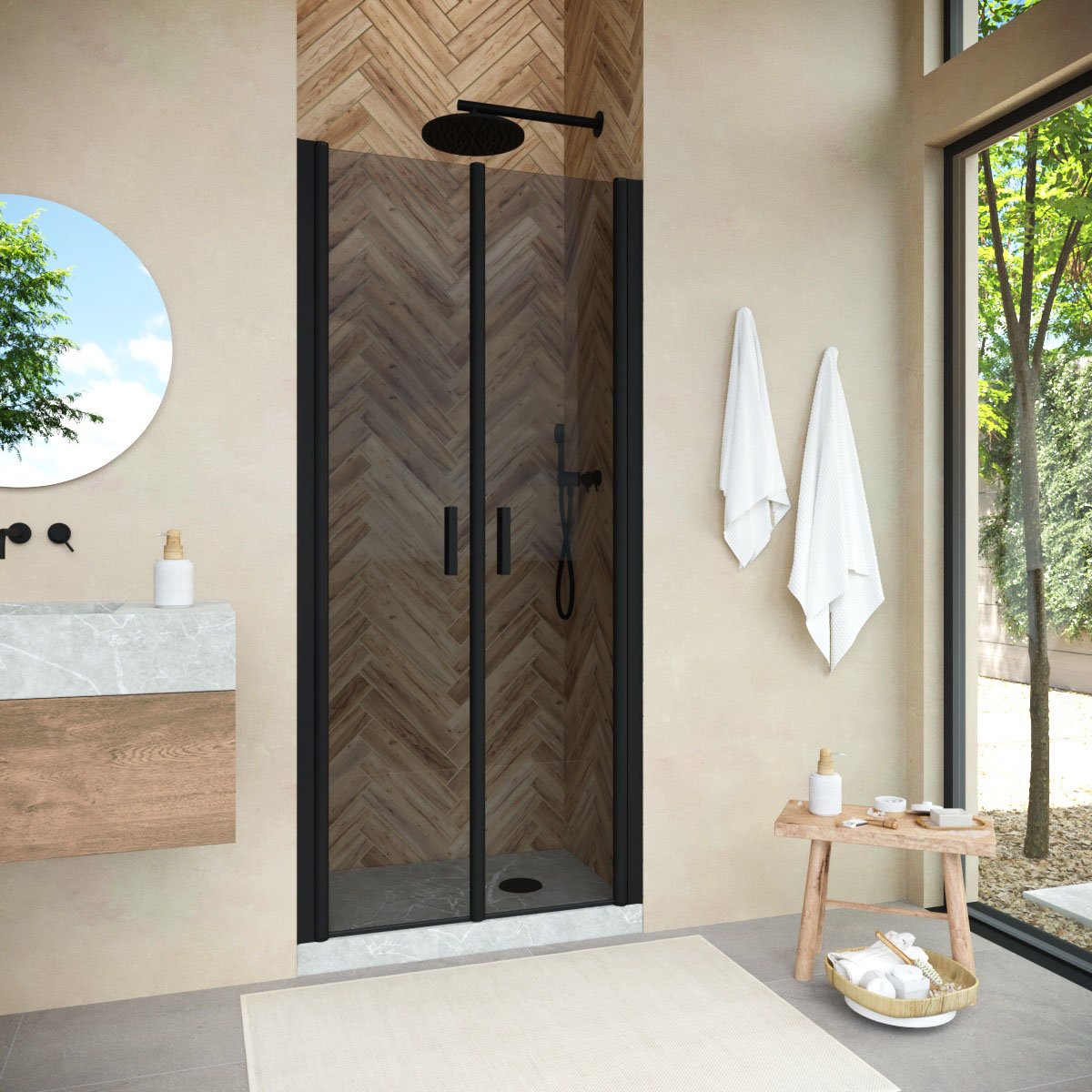 Душевая дверь в нишу Vegas Glass  E2P NOVO h2000 120 02М 07, профиль черный матовый, стекло графит