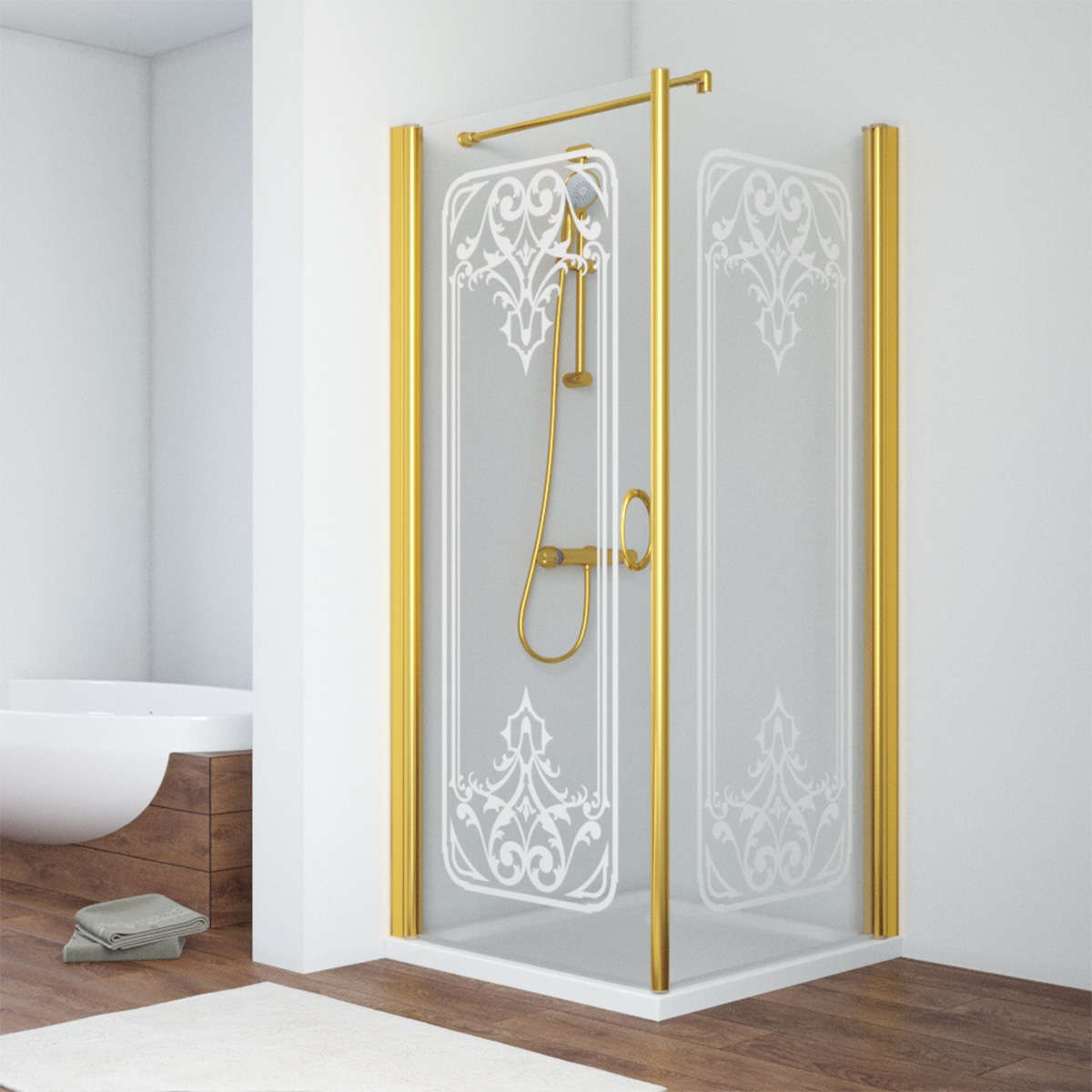 Душевой уголок Vegas Glass EP-Fis 80*90 09 ARTDECO D2 L, профиль золото глянцевое, стекло прозрачное, рисунок сатин