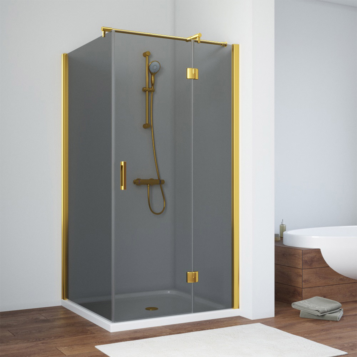 Душевой уголок Vegas Glass AFP-Fis NOVO 110*120 09 07 R, профиль золото глянцевое, стекло графит