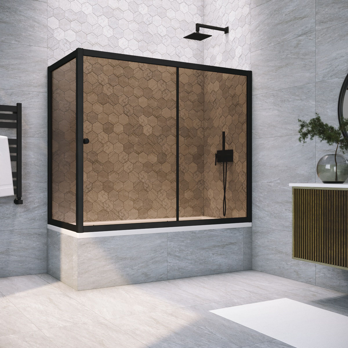 Шторка на ванну Vegas Glass  ZV+ZVF NOVO 180*90 02М 05, профиль черный матовый, стекло бронза