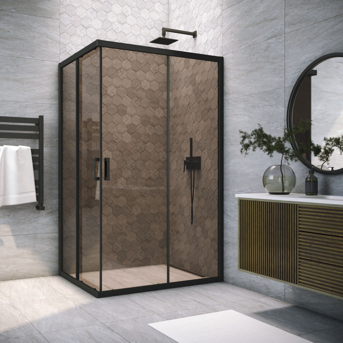 Душевой уголок Vegas Glass ZA-F NOVO h2000 90*85 02М 05, профиль черный матовый, стекло бронза