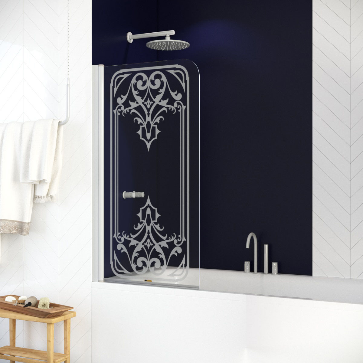 Шторка на ванну Vegas Glass EV NOVO 76 01 ARTDECO D2 L, профиль белый, стекло с декором