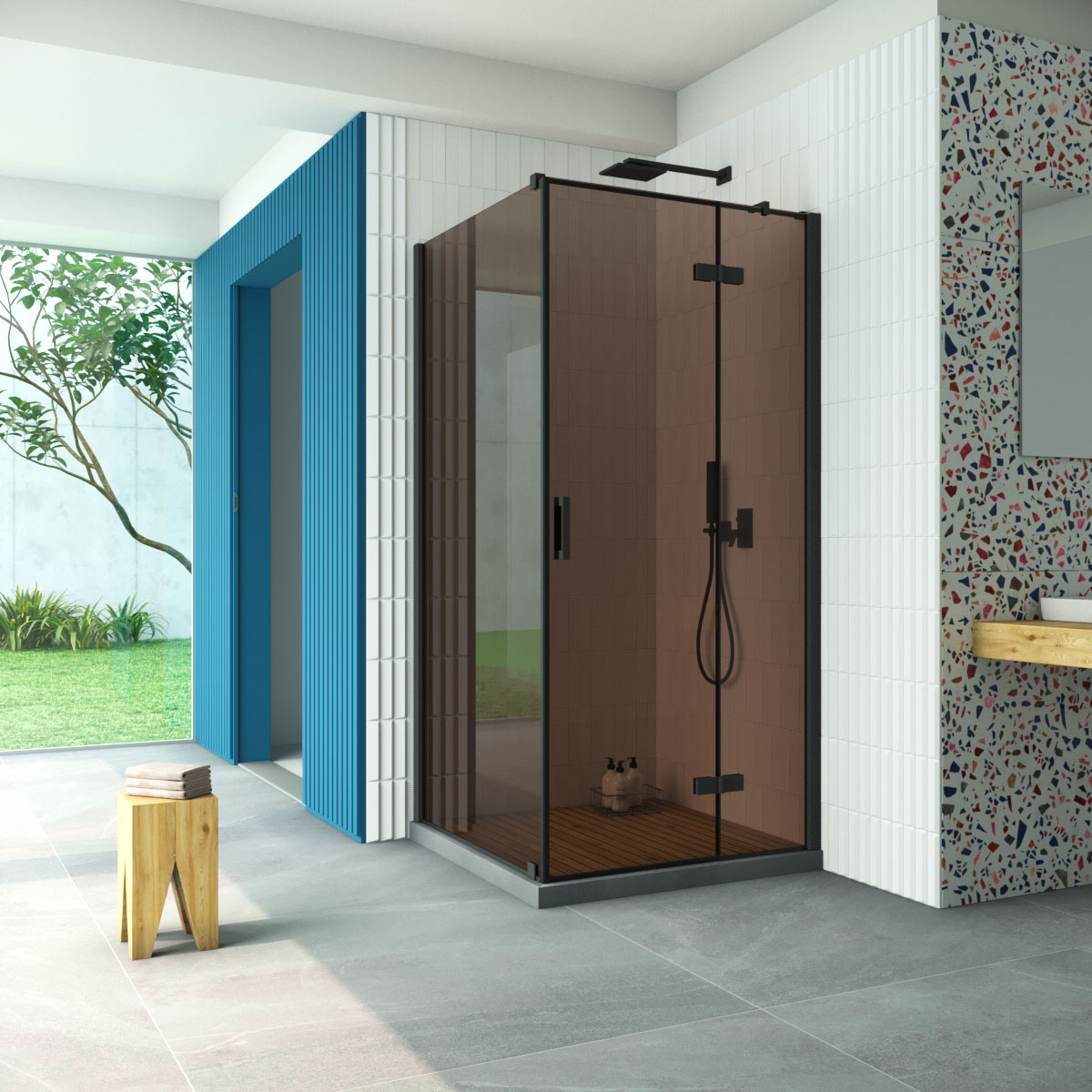 Душевой уголок Vegas Glass AFP-Fis Retta 100*70 02М 05 R, профиль черный матовый стекло бронза