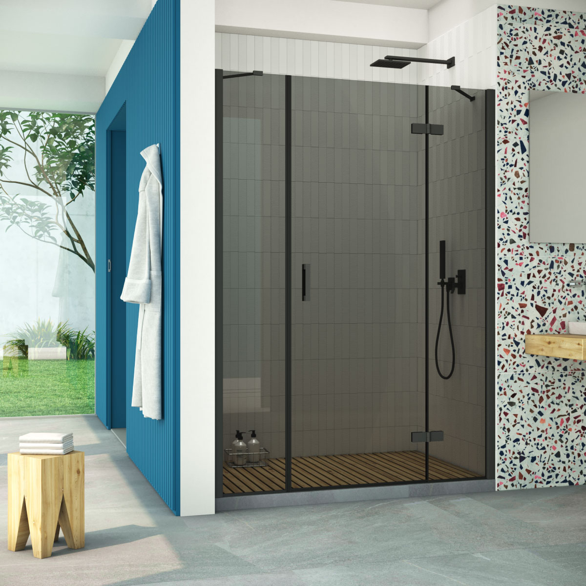 Душевая дверь в нишу Vegas Glass AFP-F Retta 160 02М 07 R, профиль черный матовый стекло графит