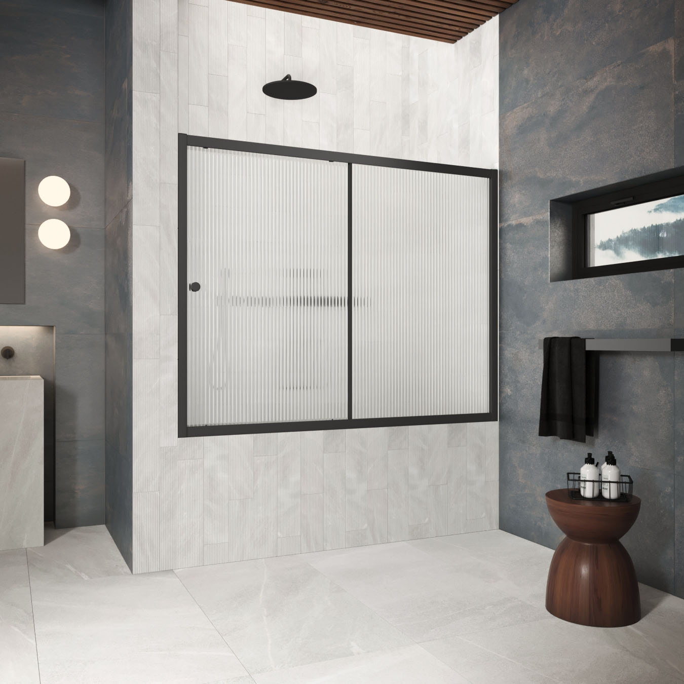 Шторка на ванну Vegas Glass  ZV Protec 160 02М Moru, профиль черный матовый, стекло Moru