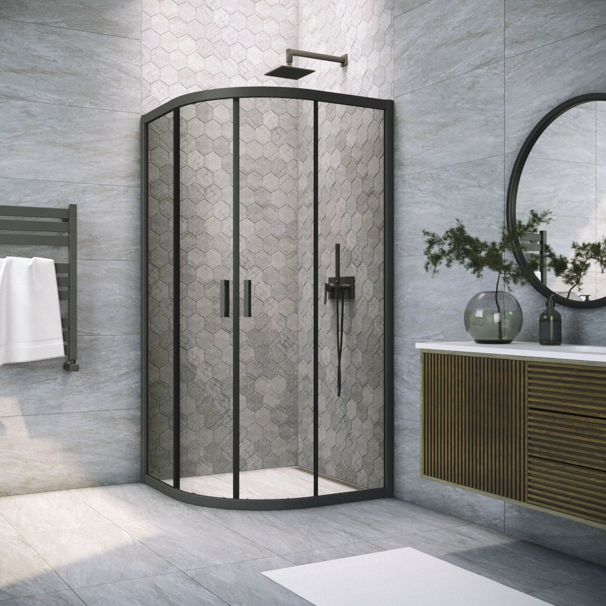 Душевой уголок Vegas Glass ZS NOVO h2000 80 02М 07, профиль черный матовый, стекло графит