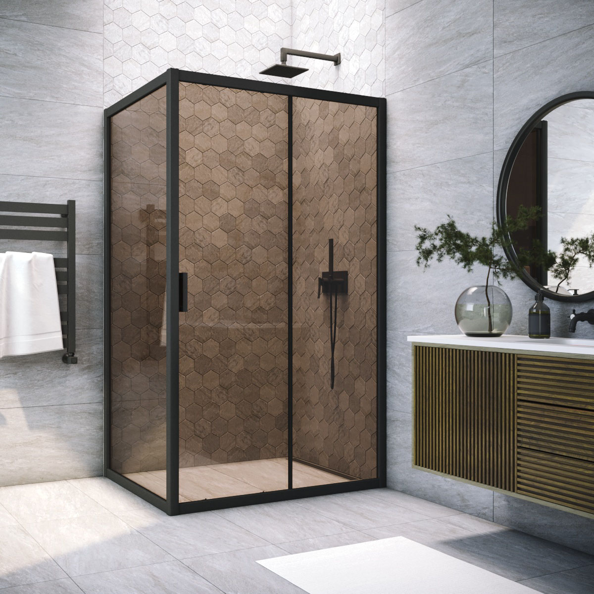 Душевой уголок Vegas Glass ZP+ZPV NOVO h2000 160*70 02М 05, профиль черный матовый, стекло бронза