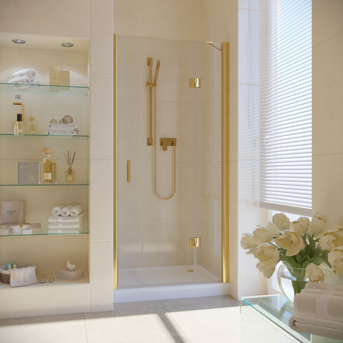 Душевая дверь в нишу Vegas Glass AFP LUX 120 09 crystalvision R, профиль золото глянцевое, стекло crystalvision