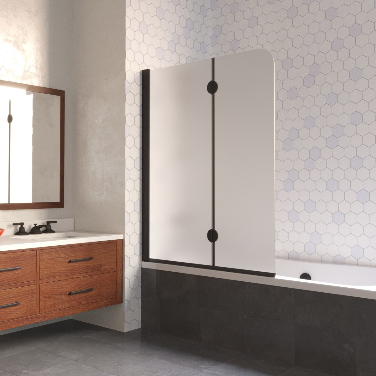 Шторка на ванну Vegas Glass E2V LUX 120 02М 10 L, профиль черный матовый, стекло сатин