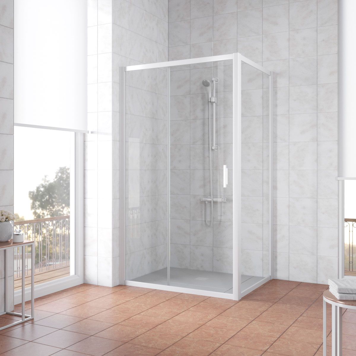 Душевой уголок Vegas Glass ZP+ZPV NOVO h2000 155*70 01 01 профиль белый, стекло прозрачное