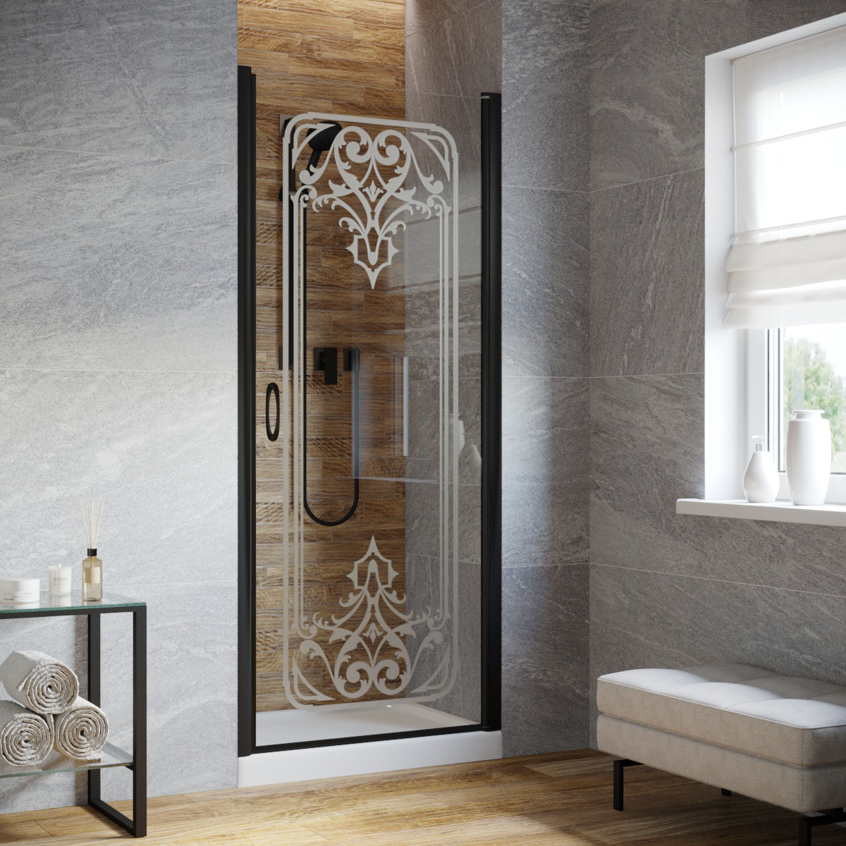 Душевая дверь в нишу Vegas Glass EP LUX 90 02М ARTDECO D1 R, профиль черный матовый, стекло прозрачное, рисунок сатин