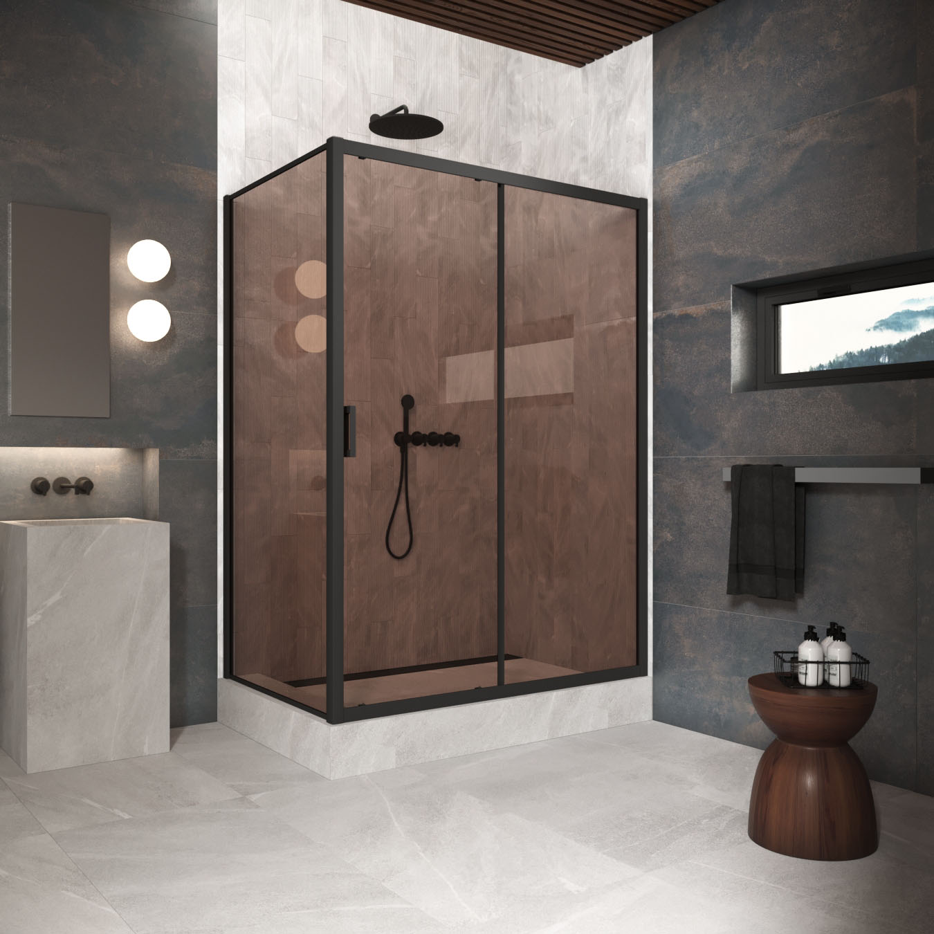 Душевой уголок Vegas Glass ZP+ZPV Protec h1900 100*95 02М 05, профиль черный матовый, стекло бронза