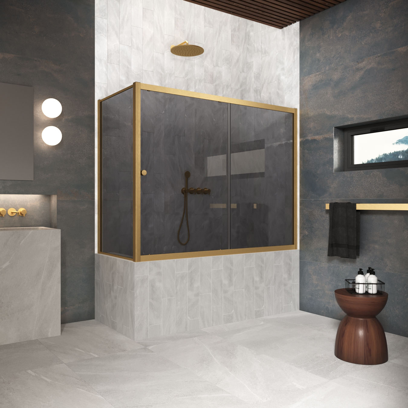 Шторка на ванну Vegas Glass  ZV+ZVF Protec 180*85 03 07, профиль золото матовое, стекло графит