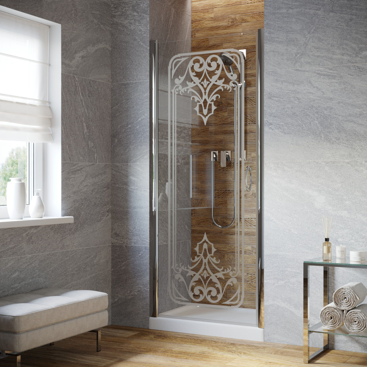 Душевая дверь в нишу Vegas Glass EP LUX 95 08 ARTDECO D1 L, профиль глянцевый хром, стекло прозрачное, рисунок сатин