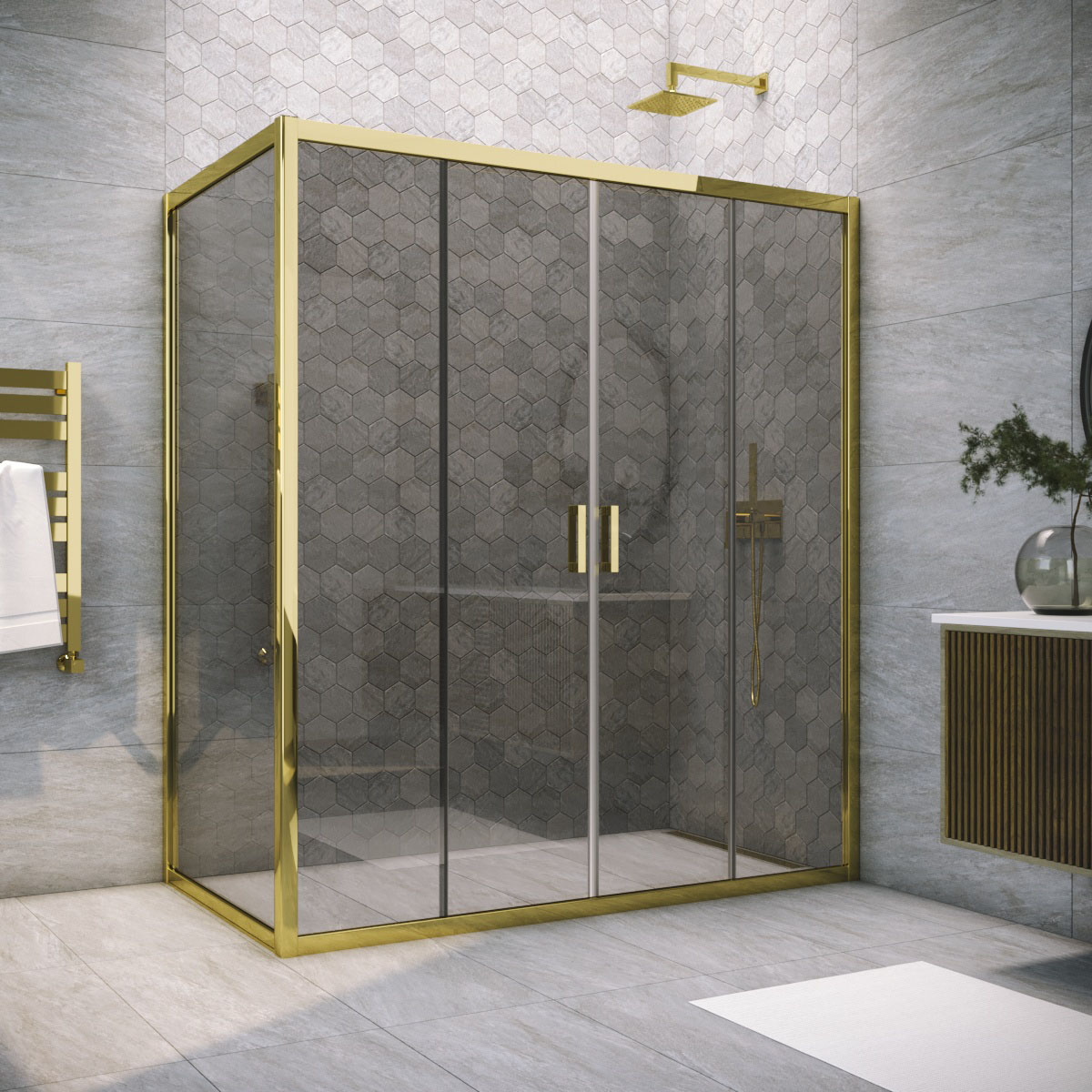 Душевой уголок Vegas Glass Z2P+ZPV TUR NOVO 175*95 09 07, профиль золото глянцевое, стекло графит