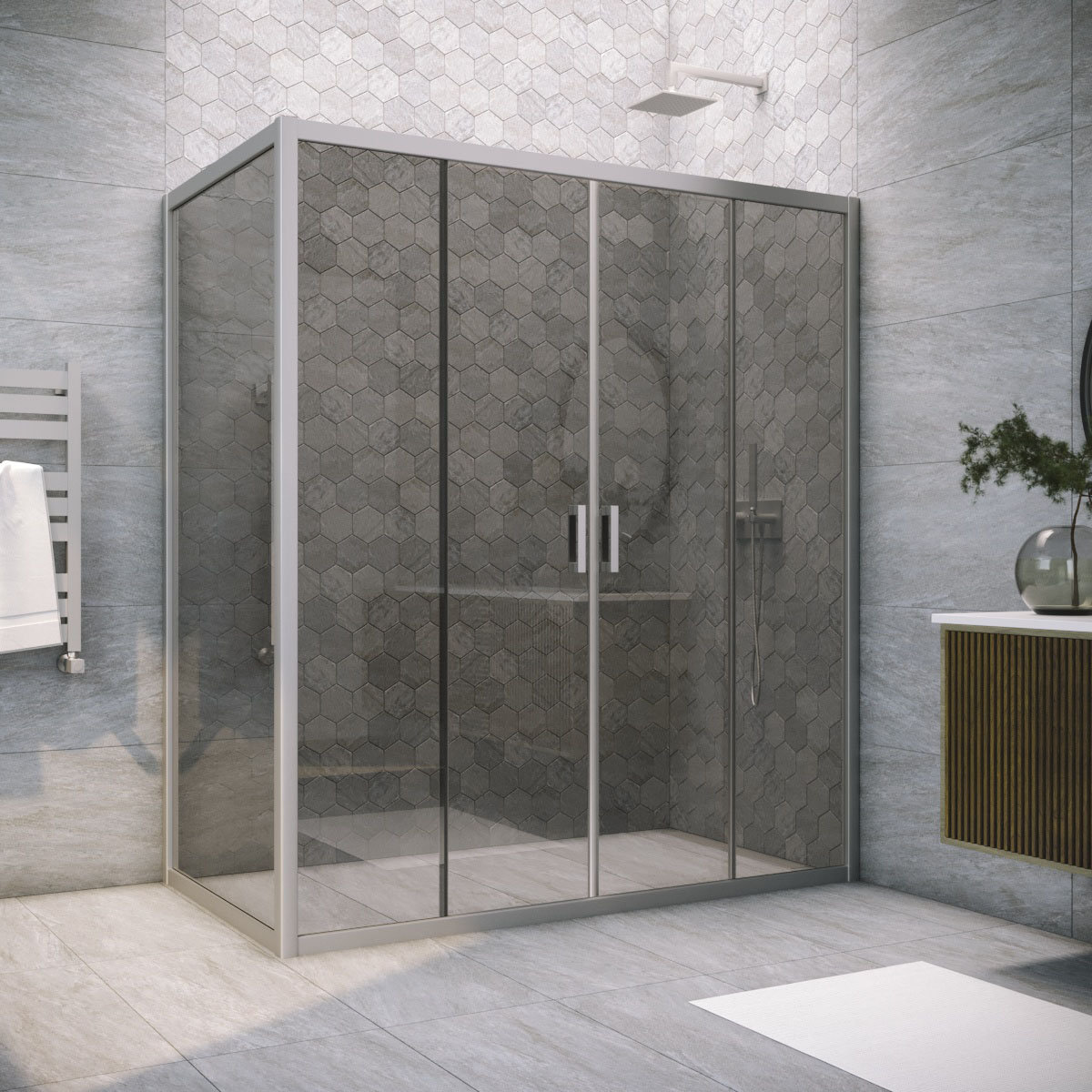 Душевой уголок Vegas Glass Z2P+ZPV NOVO 150*70 07 07, профиль матовый хром, стекло графит