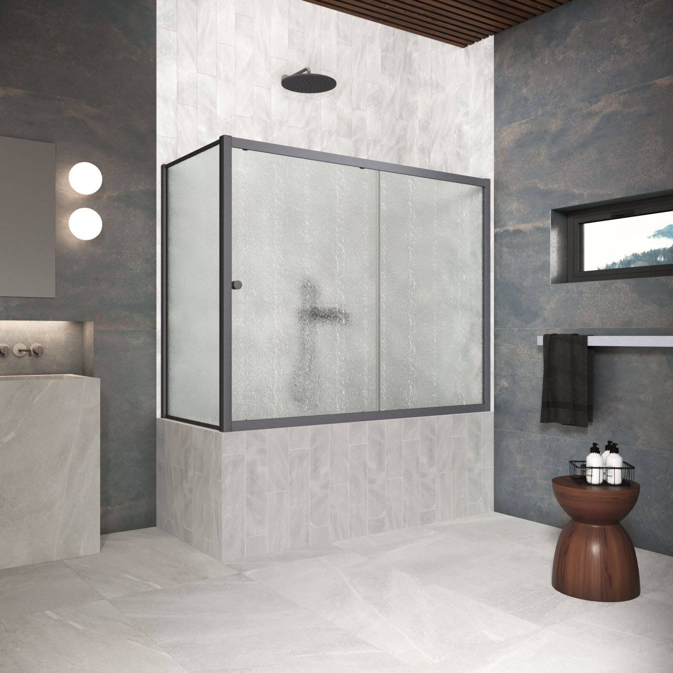 Шторка на ванну Vegas Glass  ZV+ZVF Protec 160*90 06 02, профиль GunMetal, стекло шиншилла