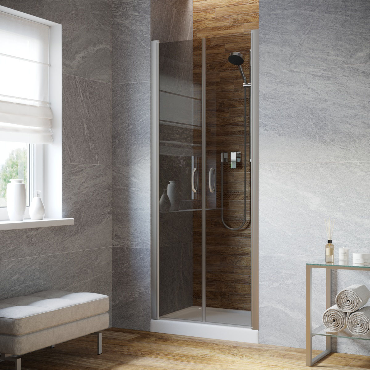 Душевая дверь в нишу Vegas Glass Е2Р LUX 120 07 07, профиль матовый хром, стекло графит