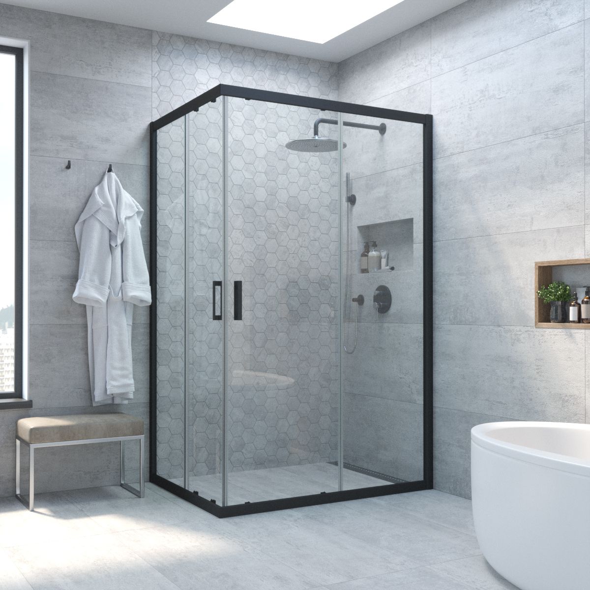 Душевой уголок Vegas Glass ZA-F NOVO h2000 110*80 02М 01 профиль черный матовый, стекло прозрачное