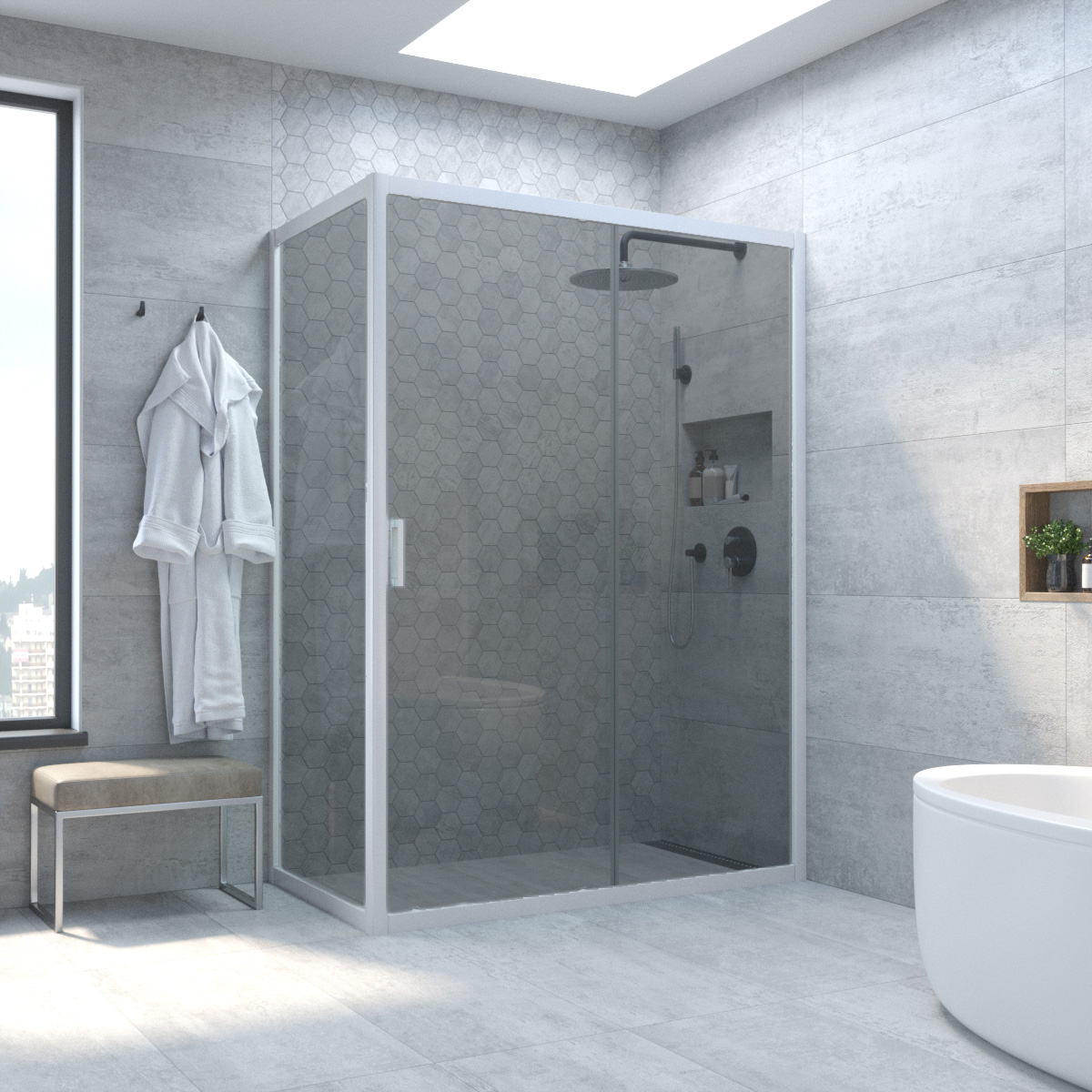 Душевой уголок Vegas Glass ZP+ZPV NOVO 100*90 01 07, профиль белый, стекло графит