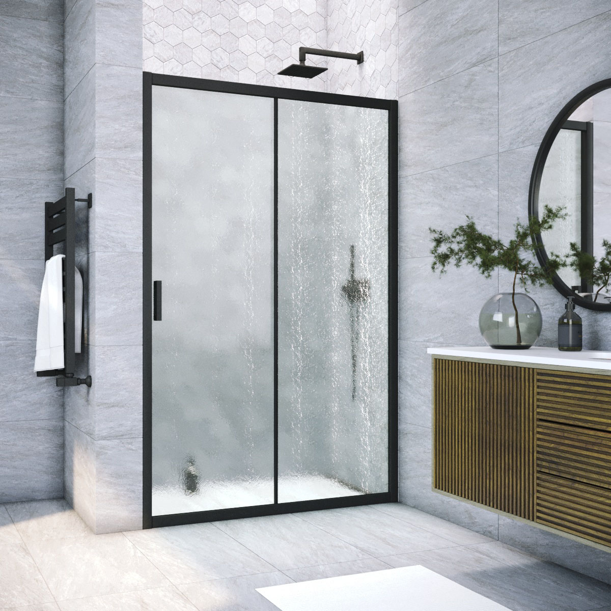 Душевая дверь в нишу Vegas Glass  ZP NOVO h2000 180 02М 02, профиль черный матовый, стекло шиншилла