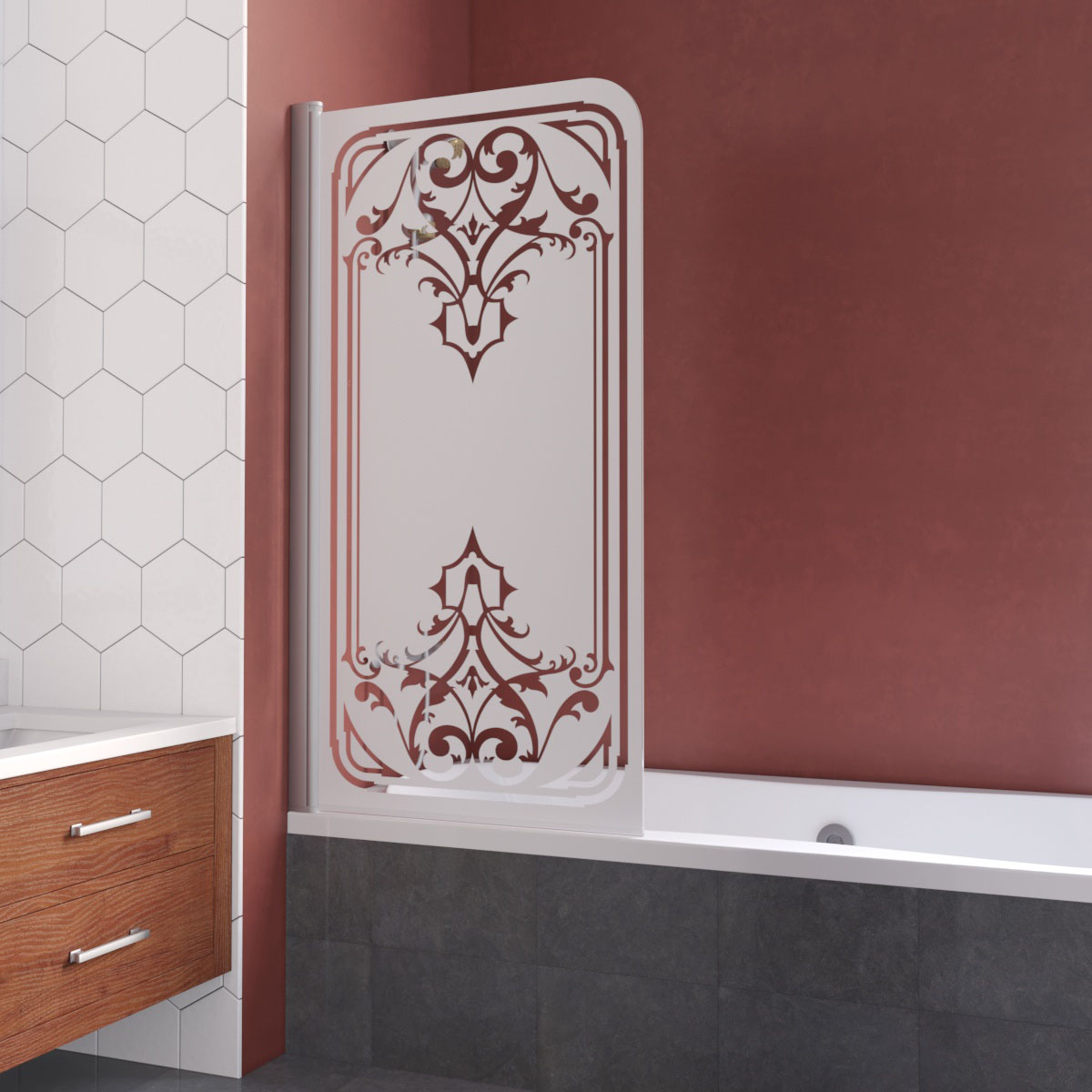 Шторка на ванну Vegas Glass EV LUX 75 07 ARTDECO D1 L, профиль матовый хром, стекло с декором