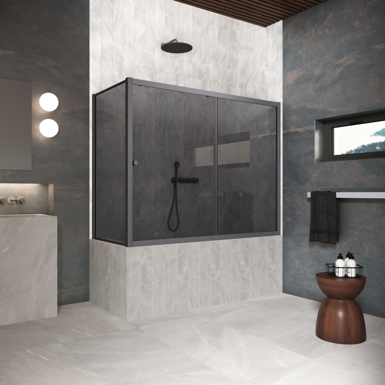 Шторка на ванну Vegas Glass  ZV+ZVF Protec 170*85 06 07, профиль GunMetal, стекло графит