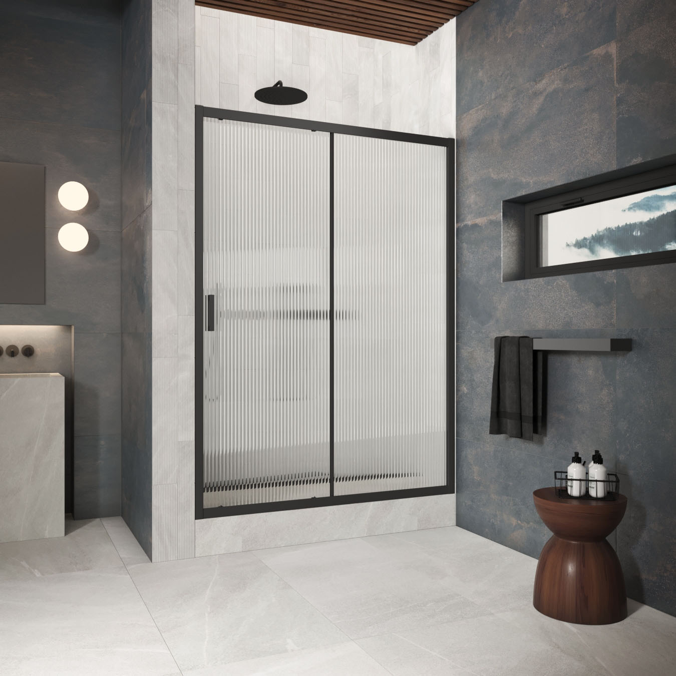 Душевая дверь в нишу Vegas Glass  ZP Protec h1900 135 02М Moru, профиль черный матовый, стекло Moru