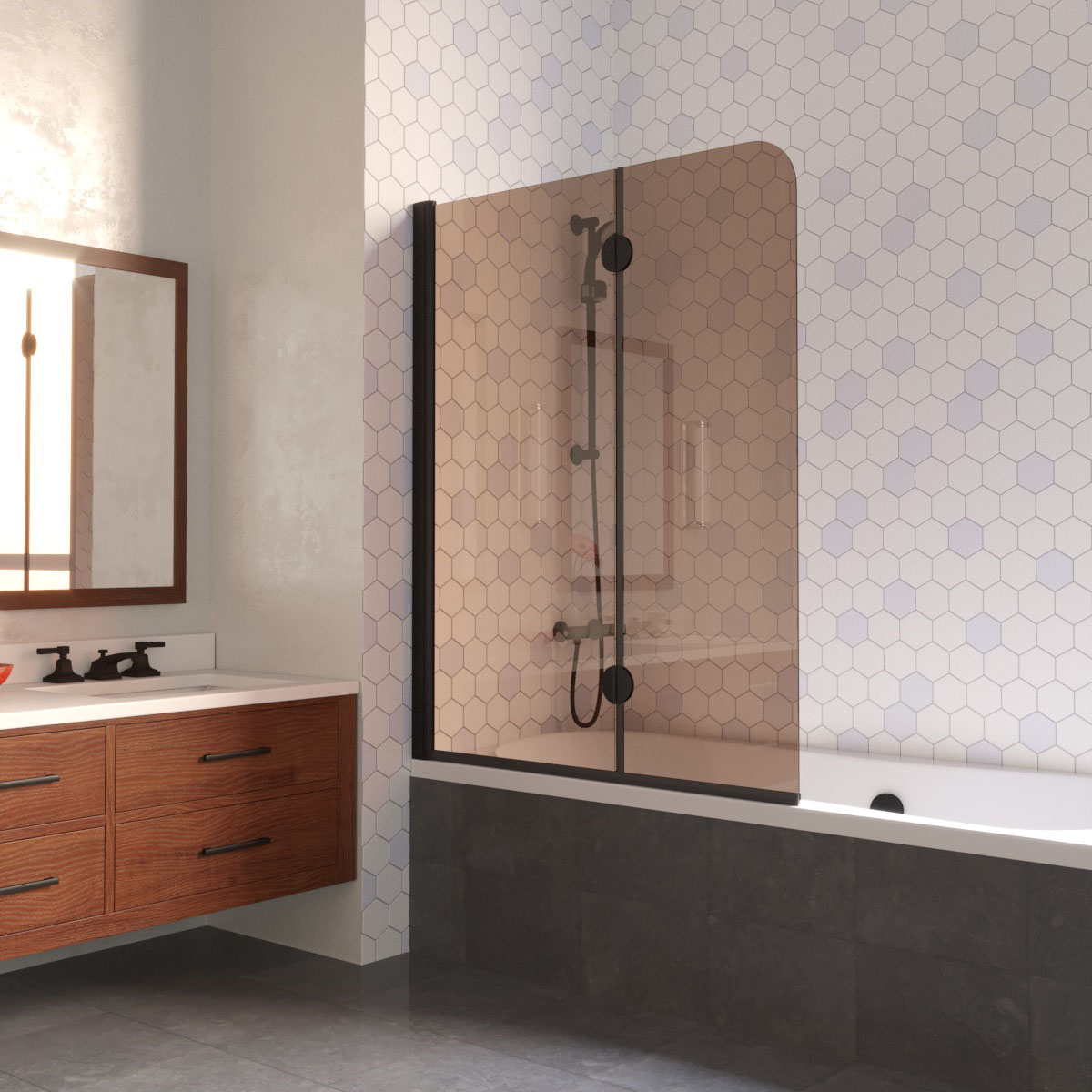 Шторка на ванну Vegas Glass  E2V LUX 120 02М 05 L, профиль черный матовый, стекло бронза