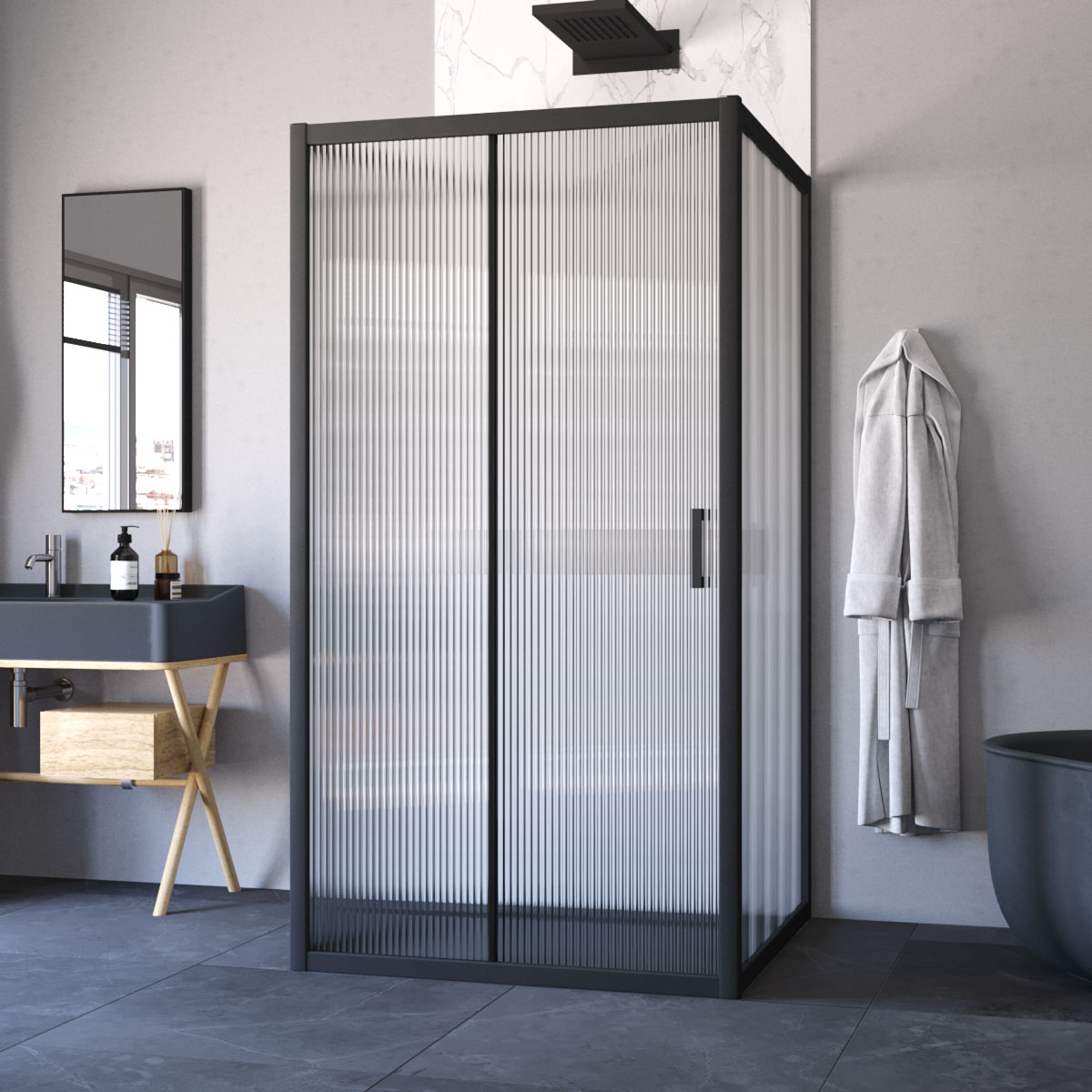 Душевой уголок Vegas Glass ZP-U NOVO h2000 100*100 02М Moru, профиль черный матовый, стекло Moru