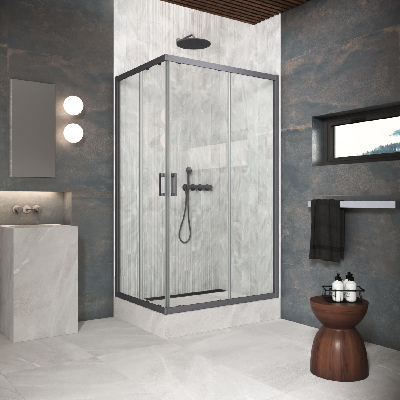 Душевой уголок Vegas Glass ZA-F Protec h1900 95*70 06 01, профиль GunMetal, стекло прозрачное