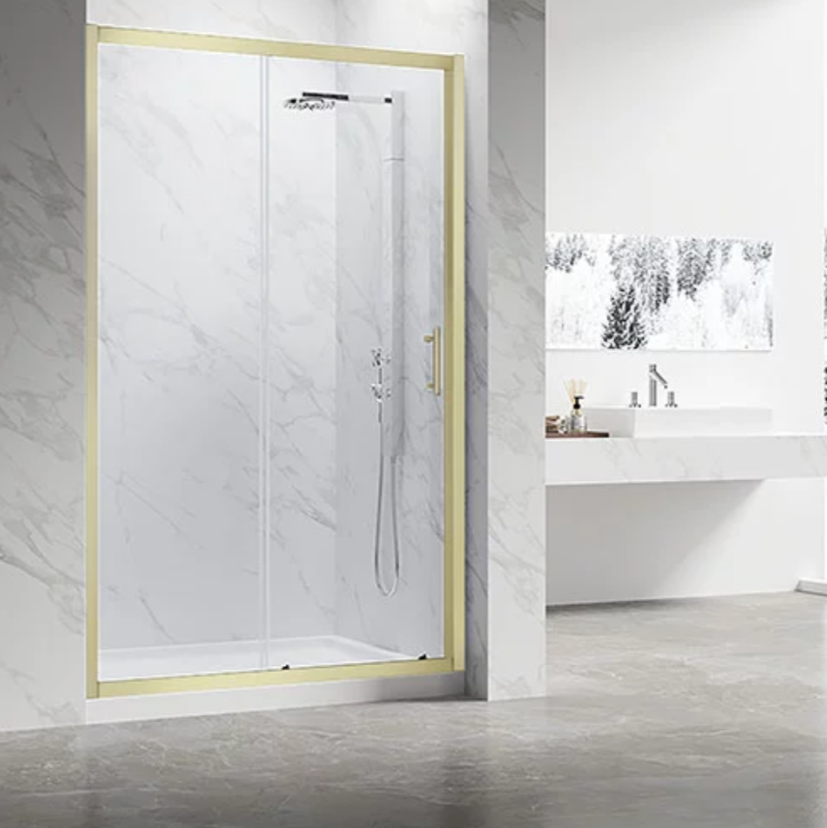 Душевая дверь в нишу Veconi Vianno VN-55G 110 см, профиль брашированное золото, стекло прозрачное