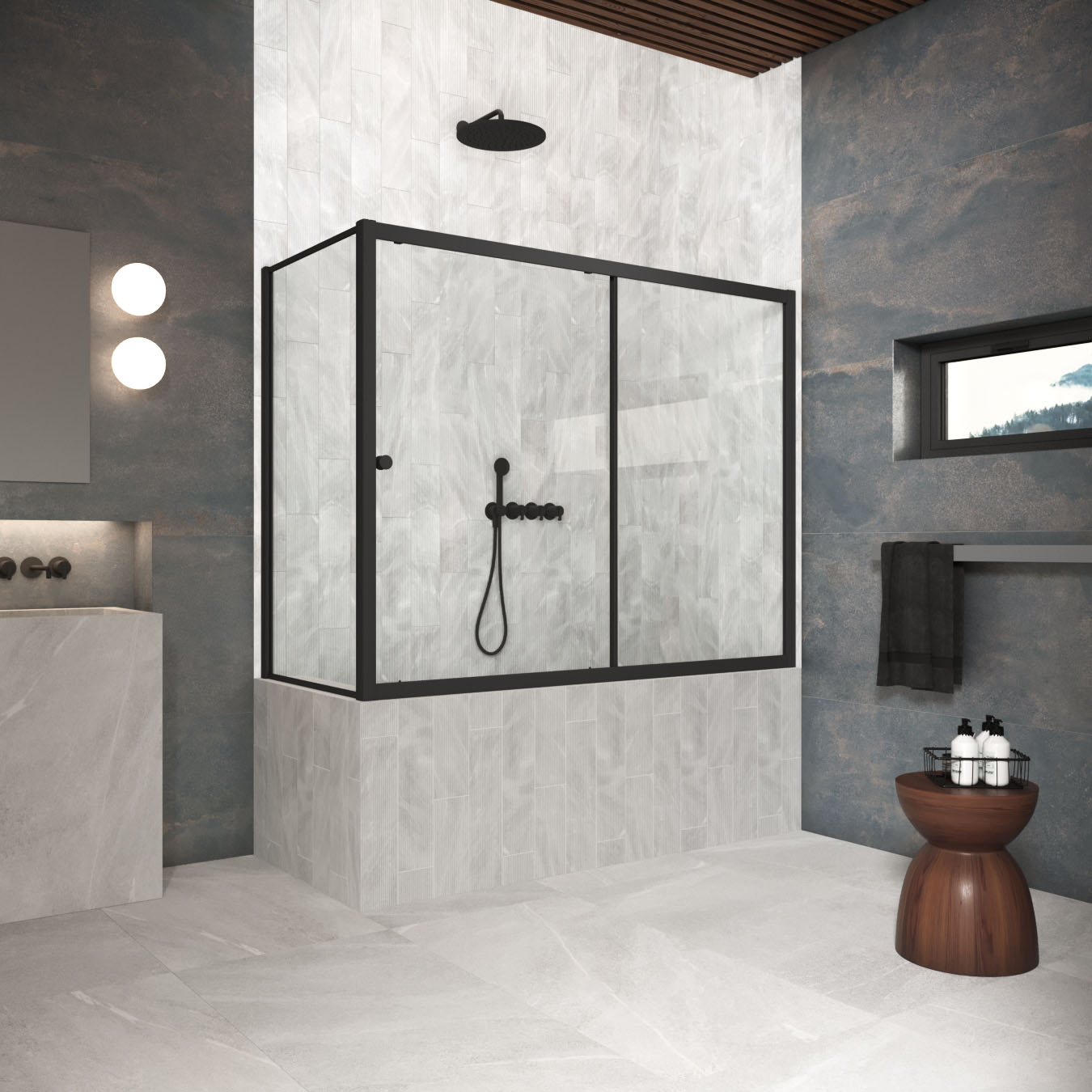 Шторка на ванну Vegas Glass  ZV+ZVF Protec 160*80 02М 01, профиль черный матовый, стекло прозрачное