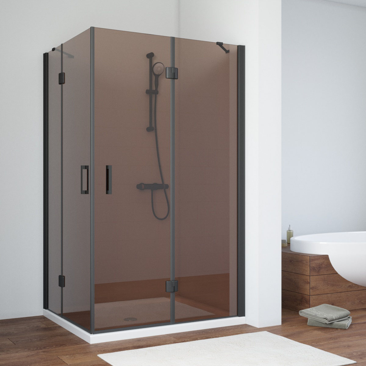 Душевой уголок Vegas Glass AFA-F NOVO 120*110 02М 05 R, профиль черный матовый, стекло бронза