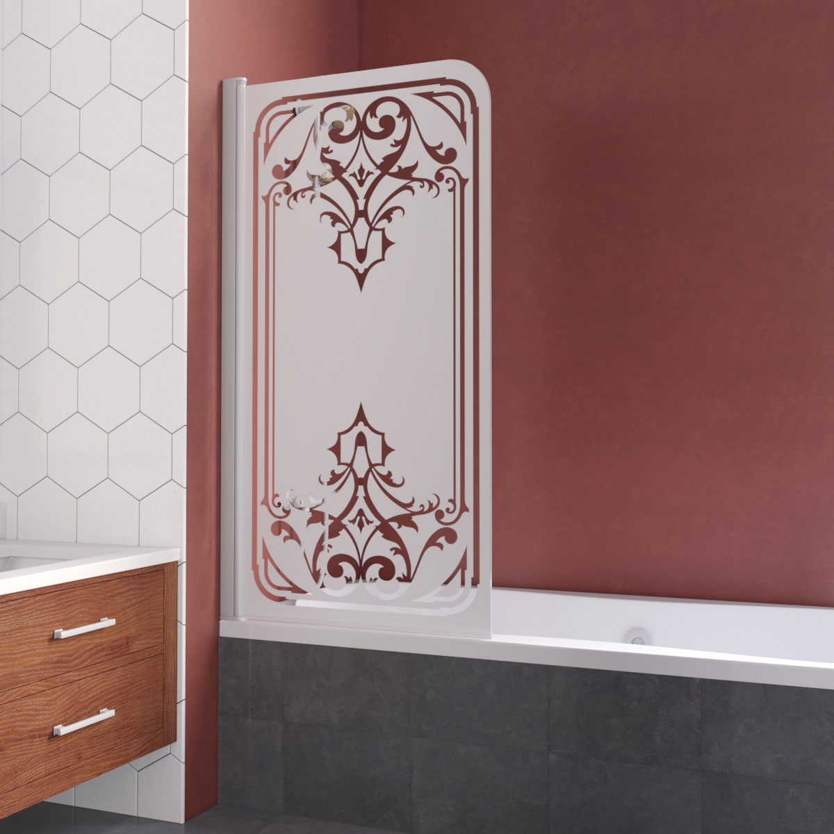 Шторка на ванну Vegas Glass EV LUX 75 01 ARTDECO D1 L, профиль белый, стекло с декором